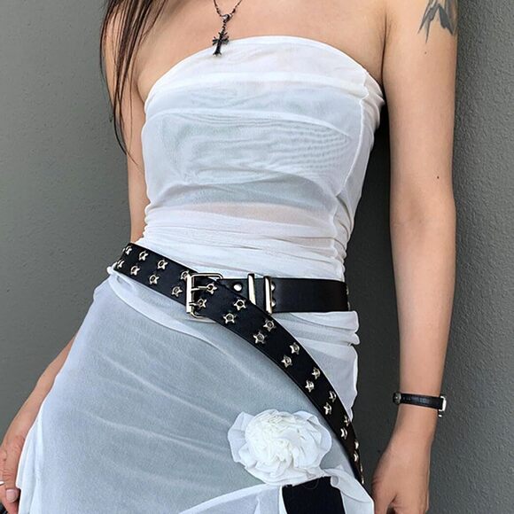 Punk Star Belts Hip Hop Black Belt Double Prong Buckle Belt With 8311 - Picture 4 of 6